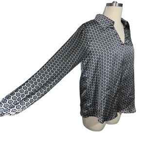CoTilCo Geometric Print Blouse M Long Sleeve Split‎ Neck Top Black Blue Retro